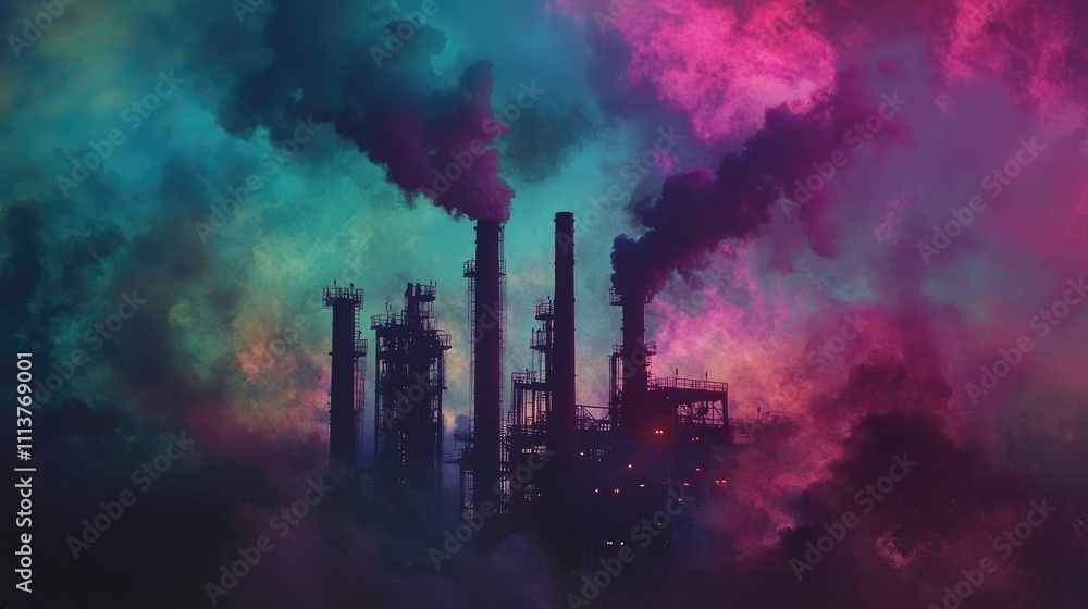 Obraz premium A dramatic shot of a factory at dusk, with smoke billowing from chimneys against a colorful sky, symbolizing the power and impact of industrial production