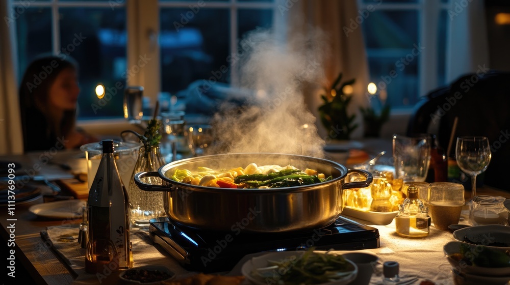 A dramatic shot of a hot pot filled with bubbling broth and vibrant vegetables, set on a table ready for a communal meal, emphasizing warmth and togetherness A dramatic shot of a hot pot filled with bubbling broth and vibrant vegetables, set on a table ready for a communal meal, emphasizing warmth and togetherness