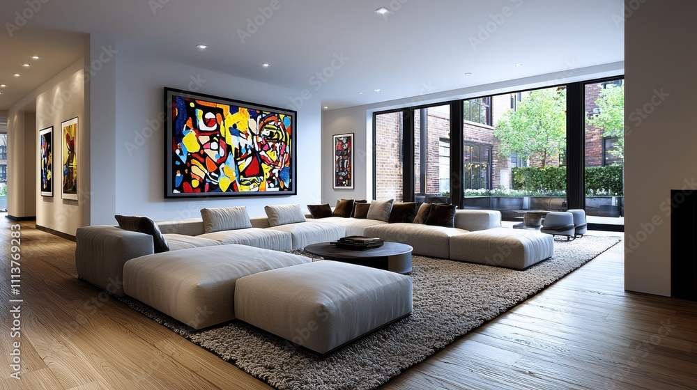 Fototapeta premium Modern Living Room with Abstract Art, Cozy Furniture, and Natural Light from Large Windows