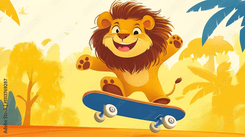 A happy cartoon lion skateboarding in a jungle. A happy cartoon lion skateboarding in a jungle.