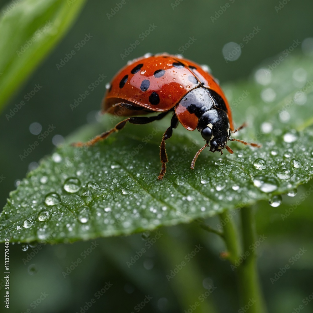A ladybug crawling on a dewy leaf with a blurred background.
A ladybug crawling on a dewy leaf with a blurred background.