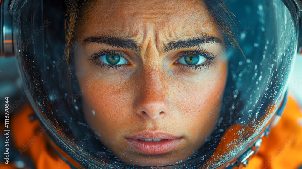 Female astronaut feeling fear inside a spaceship cockpit Female astronaut feeling fear inside a spaceship cockpit