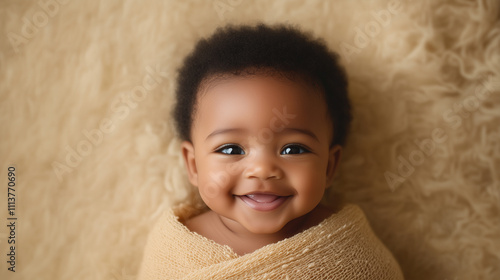 joyful baby with curly hair wrapped in soft blanket, smiling brightly. warm tones and gentle textures create heartwarming atmosphere.