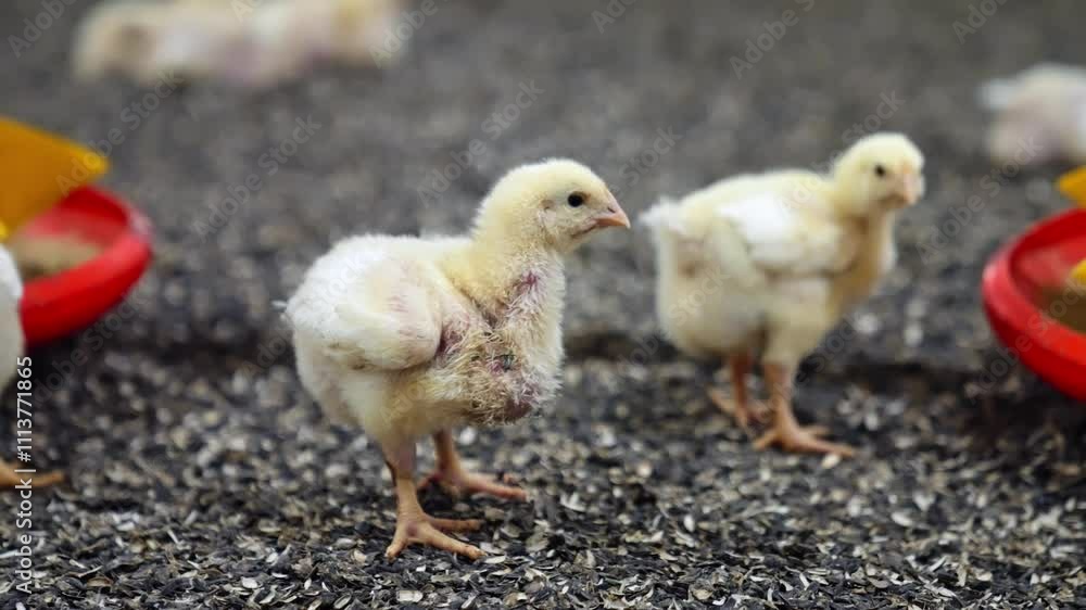Little fluffy chicks stand watching around with interest. Close up. Chickens offspring at poultry factory. Little fluffy chicks stand watching around with interest. Close up. Chickens offspring at poultry factory.