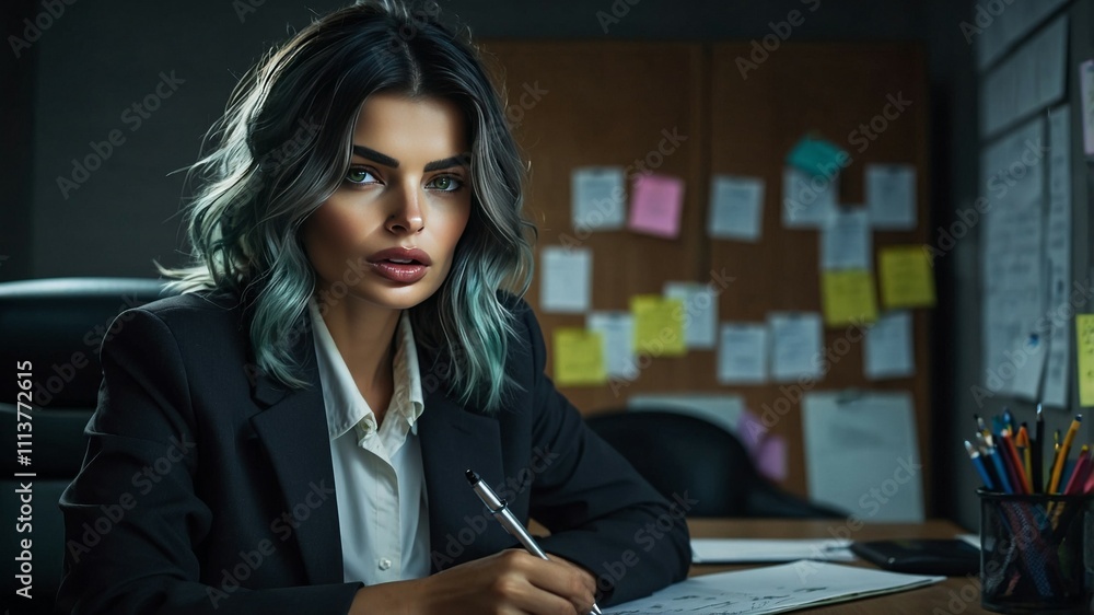 Focused Female Worker Analyzing Reports Focused Female Worker Analyzing Reports