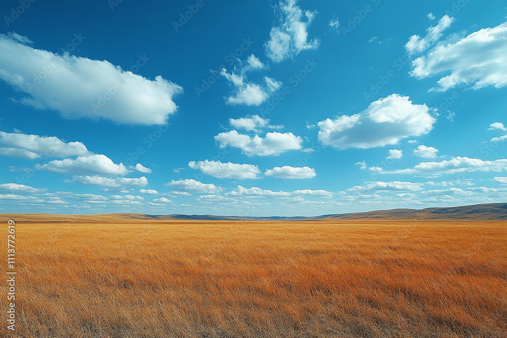 Golden Grassland Under a Vast Blue Sky
