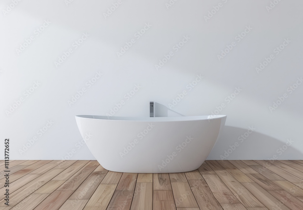 Minimalist bathroom interior with a white freestanding bathtub on a wooden floor Minimalist bathroom interior with a white freestanding bathtub on a wooden floor