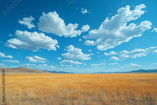 Golden Field Under a Vast Blue Sky with Puffy Clouds