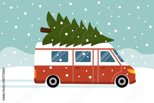Christmas tree on the roof of a van, driving in snowy landscape.