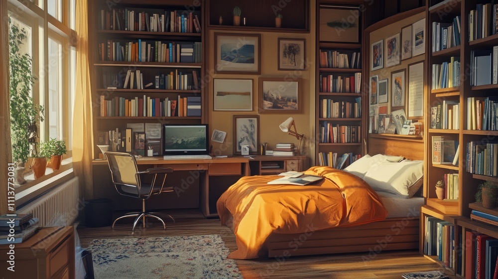 A functional bedroom workspace featuring a comfortable desk, organized bookshelves, and a cozy reading nook, illustrating a perfect blend of work and rest in a living space A functional bedroom workspace featuring a comfortable desk, organized bookshelves, and a cozy reading nook, illustrating a perfect blend of work and rest in a living space