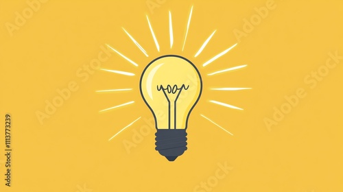 A yellow lightbulb with white rays emanating from it against a yellow background.