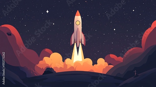 A cartoon rocket ship blasts off into space with a trail of fire.