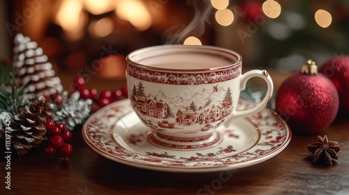 Cozy Christmas hot drink in a festive teacup, steam rising from a warm beverage, placed on a wooden surface with Christmas decorations, such as pine cones,