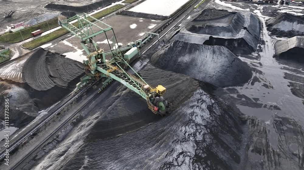 Ore Loading Platform Flying over industrial port and warehouse for fossil fuels, coal and ...