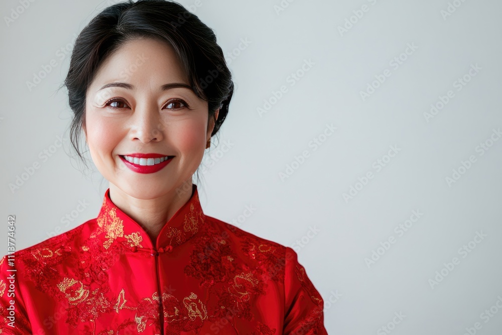 Happy Woman Wearing Traditional Red Chinese Dress Happy Woman Wearing Traditional Red Chinese Dress