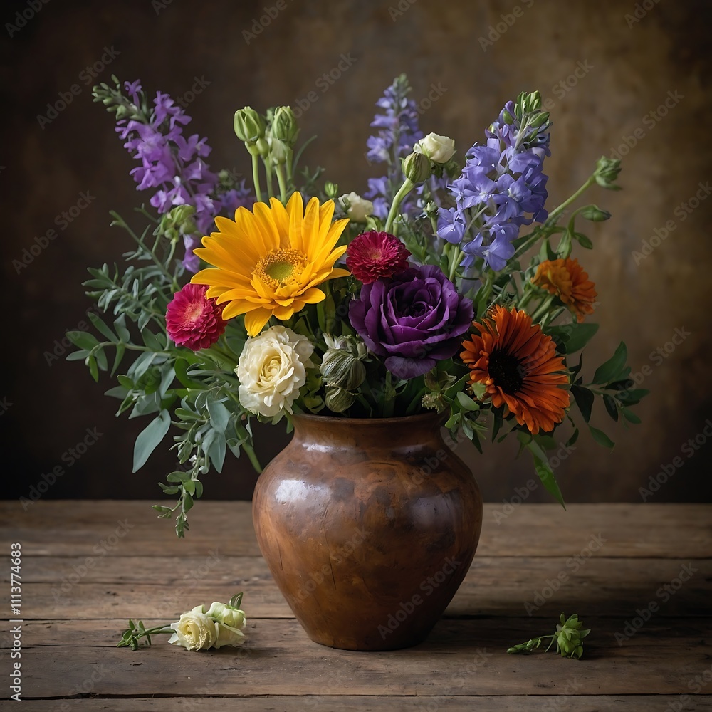 Bouquet of Mixed Flowers in a Rustic Vase Bouquet of Mixed Flowers in a Rustic Vase