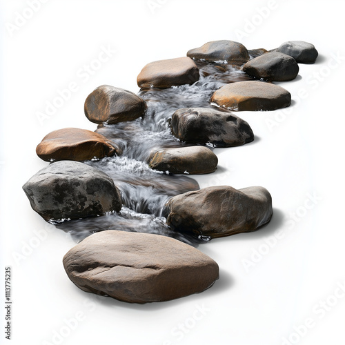 A flowing mountain stream with crystal-clear water running over smooth rocks, placed against a minimal white background.
