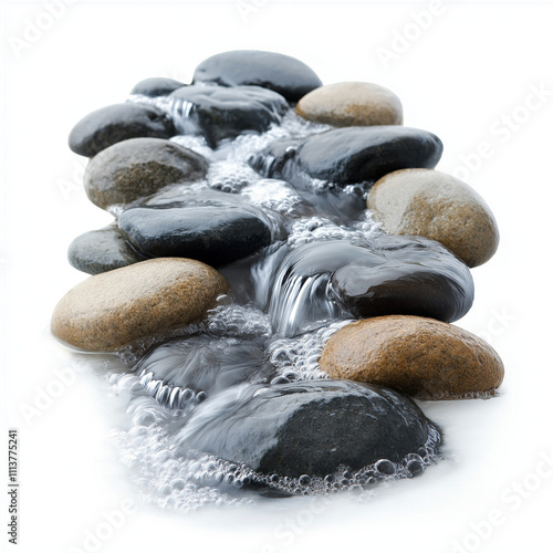 A flowing mountain stream with crystal-clear water running over smooth rocks, placed against a minimal white background.