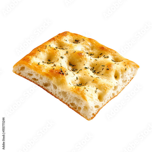 A delicious focaccia bread isolated on a white transparent background, Italian bread, usually flavored with olive oil and herbs.