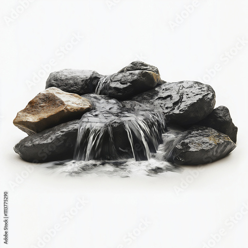 A flowing mountain stream with crystal-clear water running over smooth rocks, placed against a minimal white background.