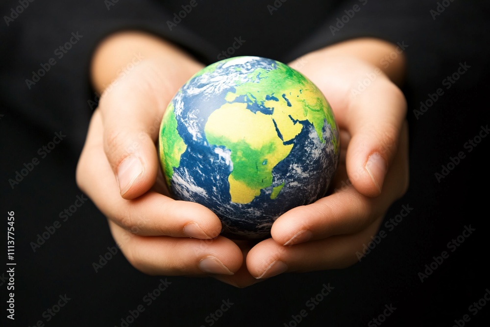 A pair of hands gently holds a small globe, symbolizing care for the Earth and environmental awareness. A pair of hands gently holds a small globe, symbolizing care for the Earth and environmental awareness.