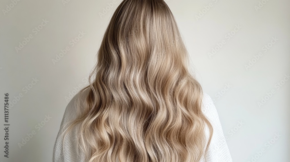 Naklejka premium A luxurious long hairstyle with soft beachy waves, styled in natural light, creating a relaxed and effortless vibe perfect for any occasion