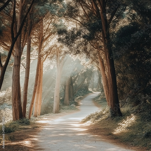 A tranquil forest path winding through tall trees, with sunlight filtering through the canopy, creating soft light on a white background.