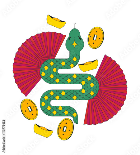Chinese year of zodiac snake 2D illustration concept. Serpent reptile. New year animal 2025 feng shui coins sycee fans cartoon composition isolated on white. Metaphor abstract flat vector graphic