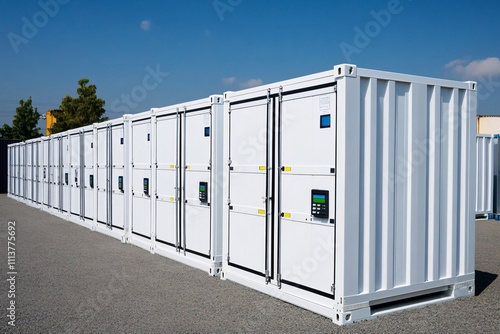 A row of white storage containers lined up under a clear blue sky, showcasing a clean, organized storage solution. photo