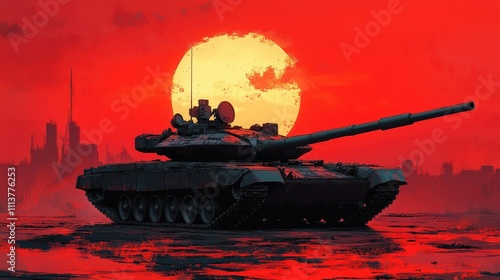 AI generated image of a military tank set against a vivid red sunset with a desolate, urban landscape in the background. The strong lighting creates a dramatic contrast, ideal for themes of war photo