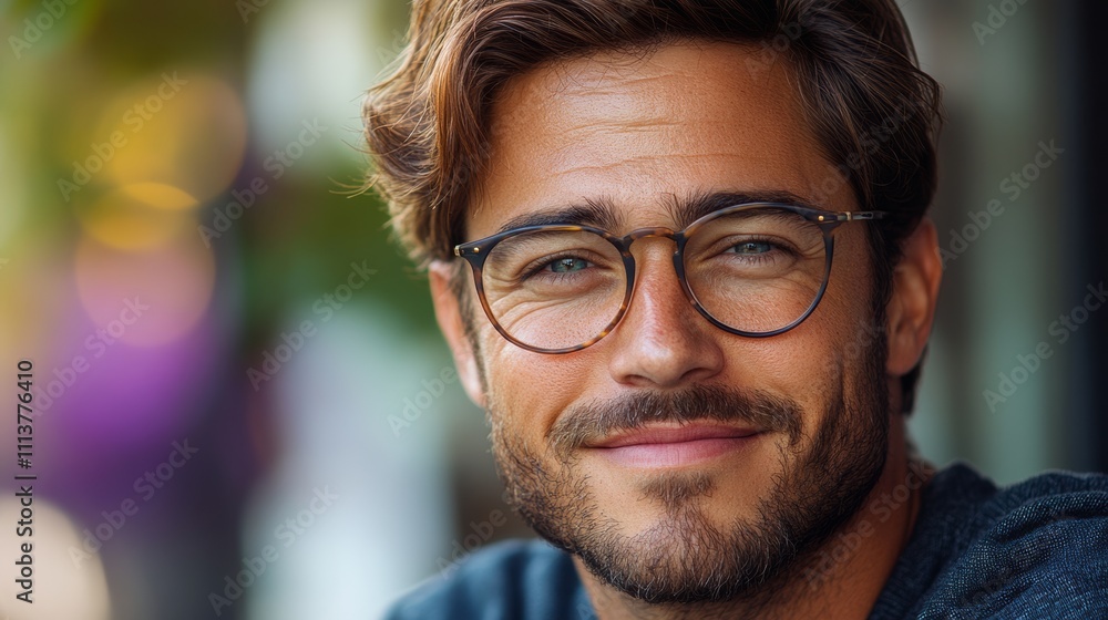 Man with glasses is smiling and looking at the camera. He has a beard and a mustache Man with glasses is smiling and looking at the camera. He has a beard and a mustache