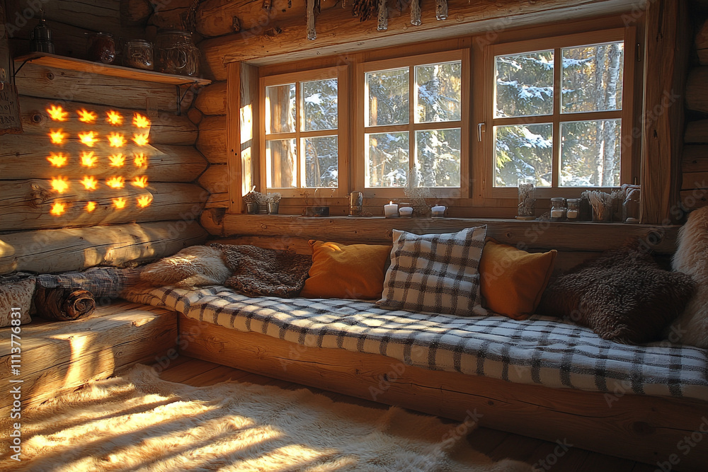 Sunlit Log Cabin Window Seat Cozy Relaxation Sunlit Log Cabin Window Seat Cozy Relaxation