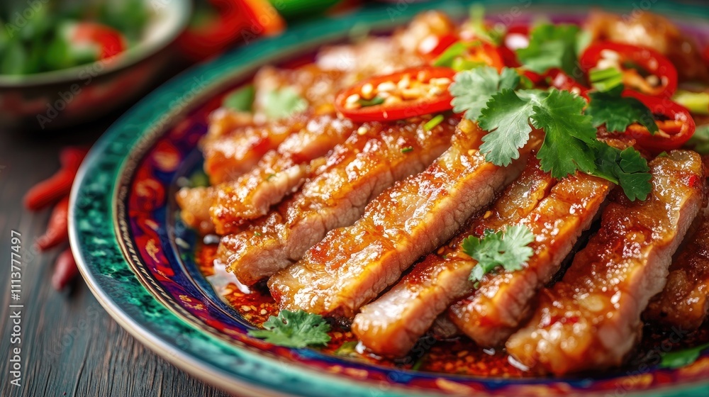 A mouthwatering close-up of fried pork belly with fish sauce served on a colorful plate, garnished with fresh coriander and sliced peppers for a pop of color A mouthwatering close-up of fried pork belly with fish sauce served on a colorful plate, garnished with fresh coriander and sliced peppers for a pop of color