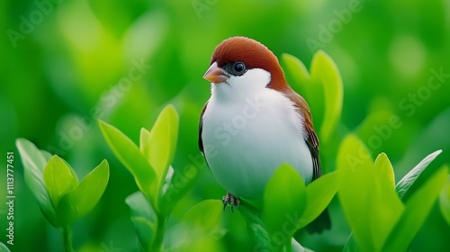 Small brown and white bird is perched on a green leaf. The bird is looking up at the camera, and the leafy background creates a peaceful and serene atmosphere