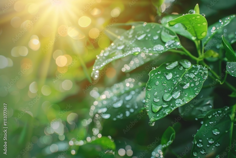 Morning dew drops on leaves with sun glare. Morning dew drops on leaves with sun glare.