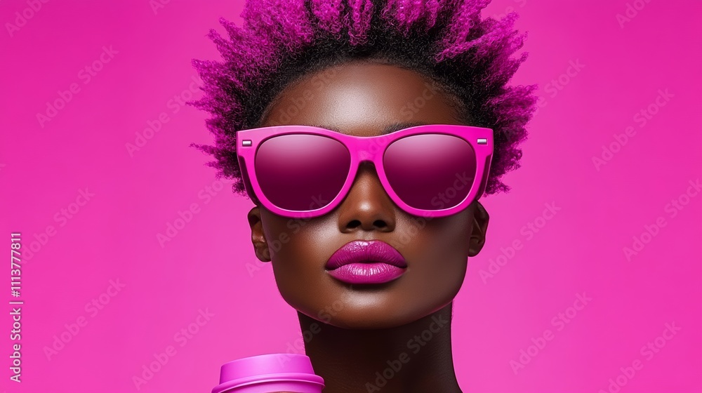 Woman with purple hair and pink sunglasses is holding a pink cup. The image has a fun and playful mood, with the pink color scheme and the woman's bold hairstyle Woman with purple hair and pink sunglasses is holding a pink cup. The image has a fun and playful mood, with the pink color scheme and the woman's bold hairstyle
