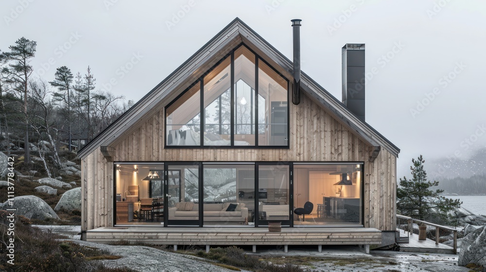 Modern wooden house with large windows and scenic surroundings. Modern wooden house with large windows and scenic surroundings.