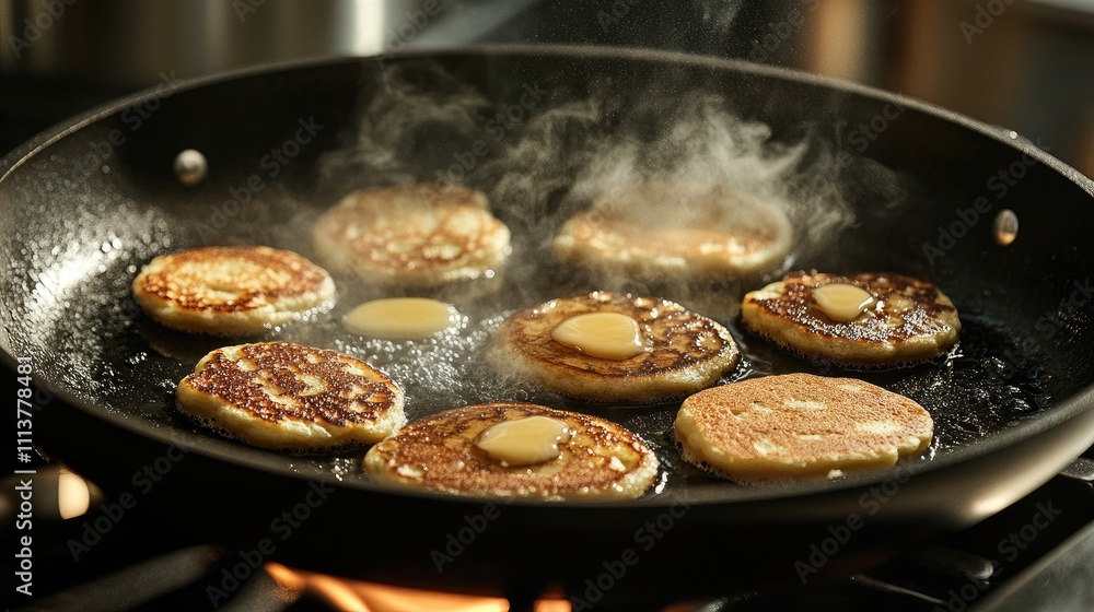 A pan filled with pancakes cooking on a griddle, golden brown and surrounded by melting butter, showcasing the delightful breakfast in progress A pan filled with pancakes cooking on a griddle, golden brown and surrounded by melting butter, showcasing the delightful breakfast in progress