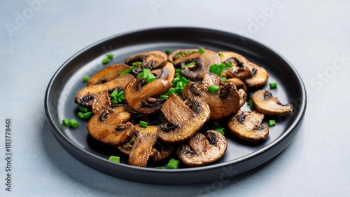 A plate with fried cremini mushroom slices topped with chopped green onion.