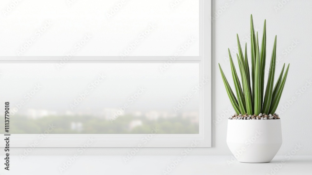 Fototapeta premium Unique natural indoor cactus. A potted succulent by a bright window, adding a touch of greenery to a minimalist interior.