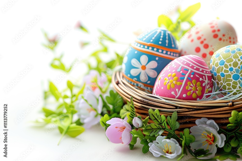 Decorated Easter Eggs in a Nest with Spring Flowers Decorated Easter Eggs in a Nest with Spring Flowers