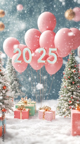 Pink balloons with 2025 floating above christmas presents in snowy landscape