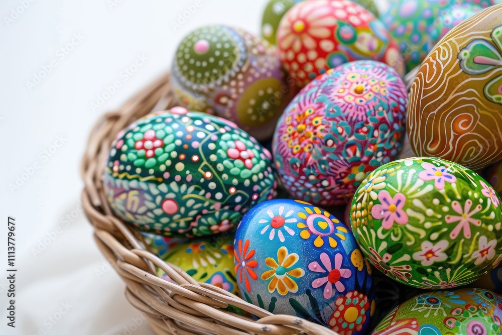 Hand-painted Easter eggs in a wicker basket Hand-painted Easter eggs in a wicker basket