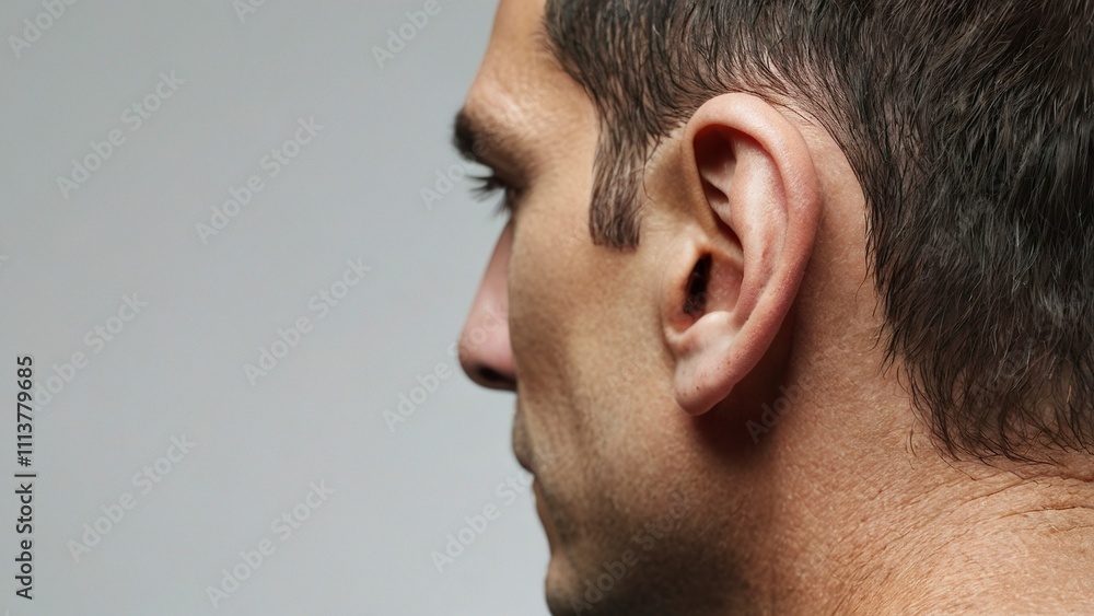 Fototapeta premium lose_up_view_of_a_mans_ear_on_white_backgroun