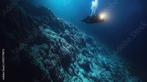 A deep sea exploration scene, with a lone submersible drifting near an underwater mountain range