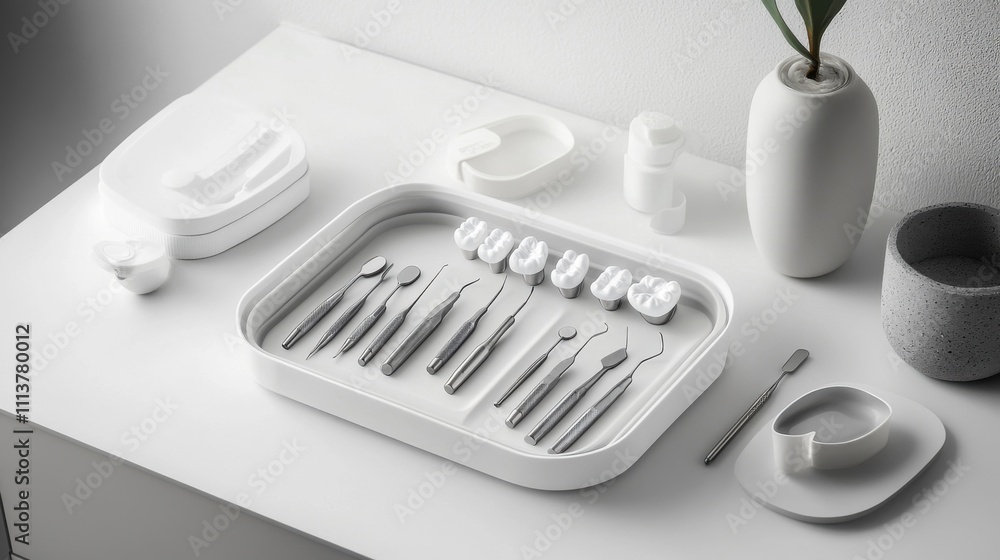 Modern Dental Tools on White Tray with Minimalist Decor Modern Dental Tools on White Tray with Minimalist Decor