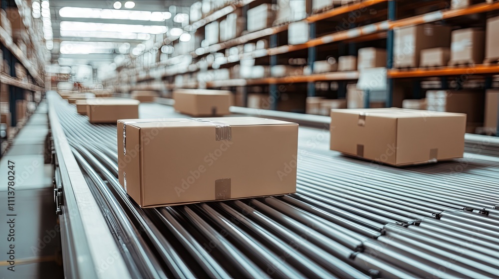 Warehouse Conveyor Belt with Cardboard Boxes Warehouse Conveyor Belt with Cardboard Boxes
