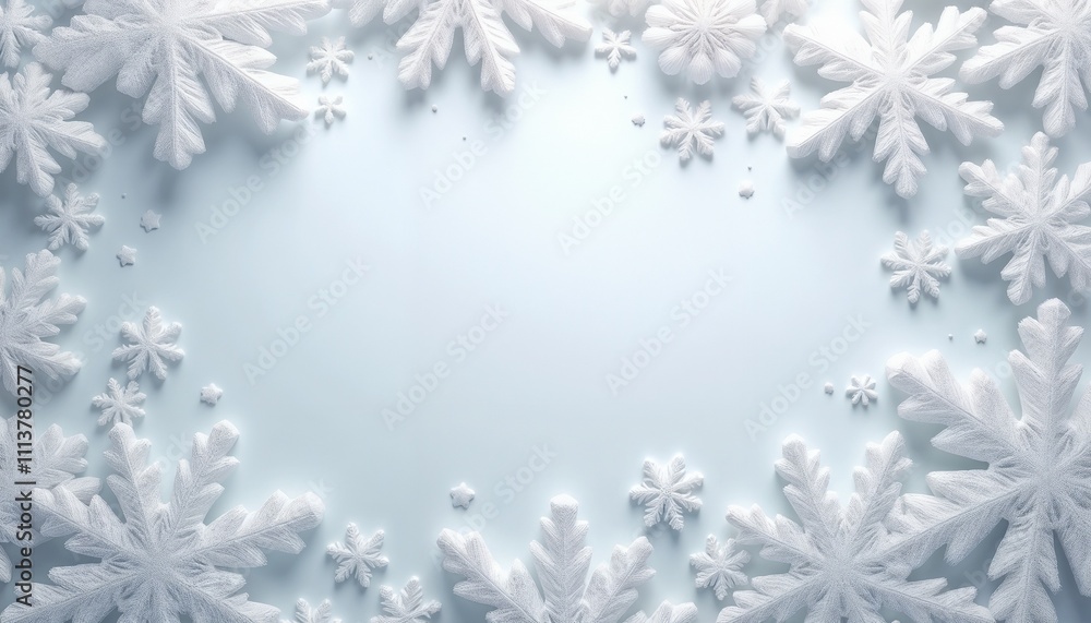 Intricate Snowflake Frame Layered in Frosty Whites and Silvers, Gently Glowing on Pale Gray and Blue Background Intricate Snowflake Frame Layered in Frosty Whites and Silvers, Gently Glowing on Pale Gray and Blue Background