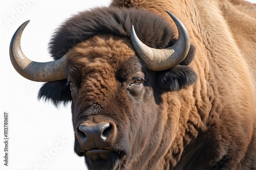 Close-up portrait of a European bison, also known as wisent, against a white background. Its dark brown fur, powerful horns, and intense gaze are prominently displayed.