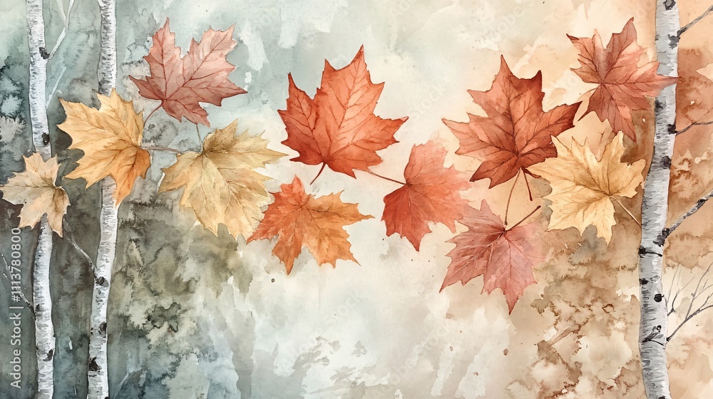 Watercolor Painting of Autumn Maple Leaves Falling Near Birch Trees Watercolor Painting of Autumn Maple Leaves Falling Near Birch Trees
